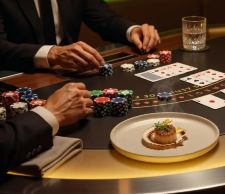 Stół blackjack w otoczeniu dań i koktajli w restauracji Novastrefario