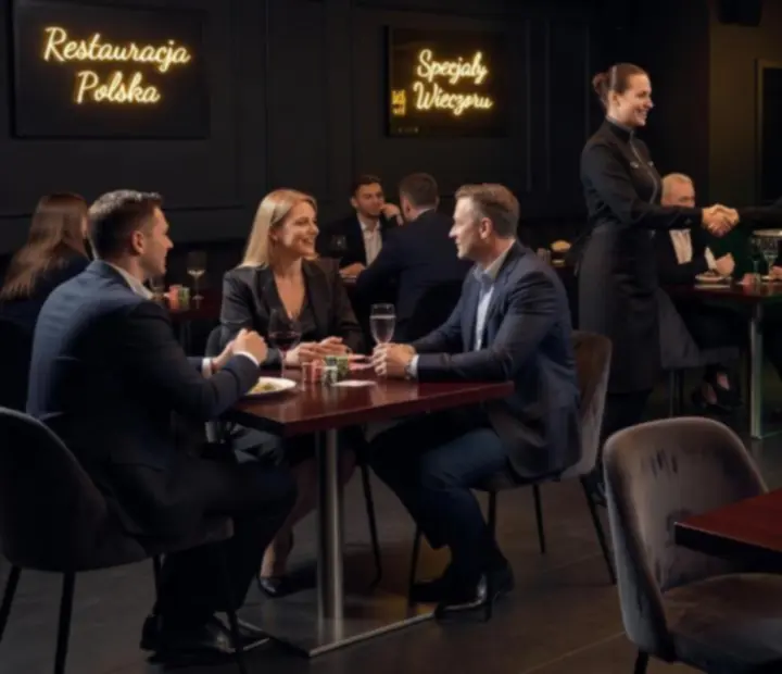 Elegancki wieczór w restauracji Novastrefario z gośćmi i gospodarzami przy stołach