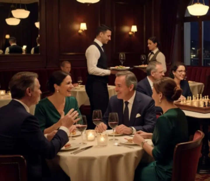 Zespół Novastrefario omawiający wizję restauracji z wieczorami tematycznymi przy eleganckim stole.