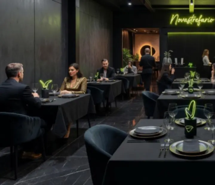 Wnętrze restauracji Novastrefario z ciemnym wystrojem, eleganckimi stołami i oświetleniem wieczornym.