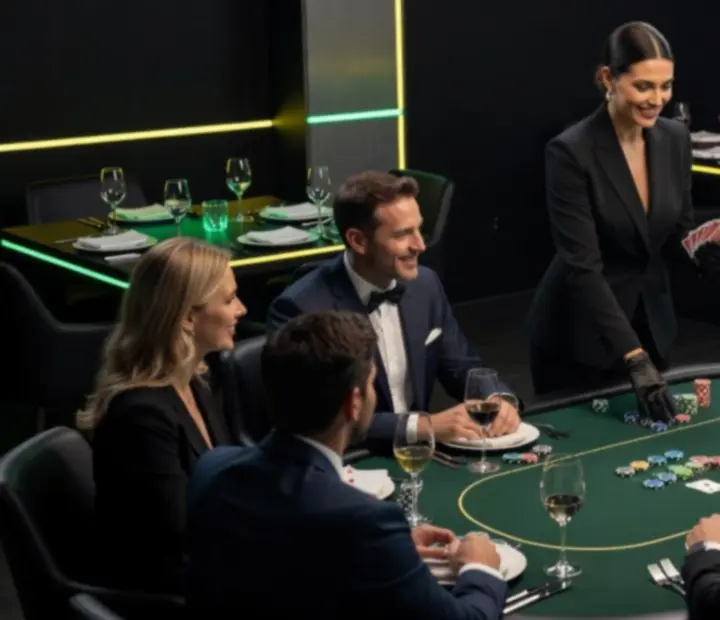 Prowadzący pokerowy wieczór w restauracji Novastrefario stoi przy stole z kartami i żetonami