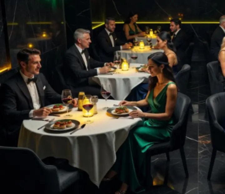 Pokerowy wieczór w eleganckiej restauracji Novastrefario, goście przy stołach i nastrojowe światło