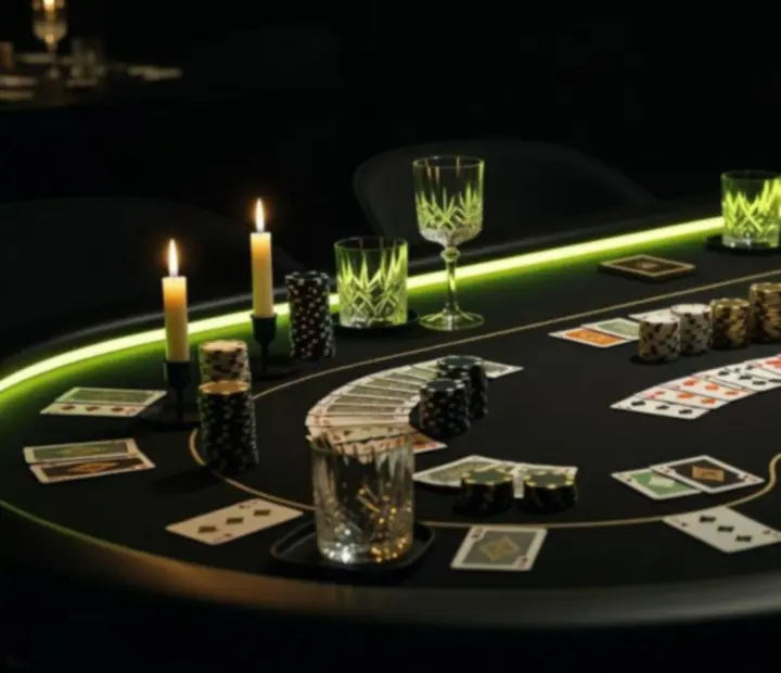 Stół w Novastrefario przygotowany na pokerowy wieczór z kartami, żetonami i klimatycznym oświetleniem