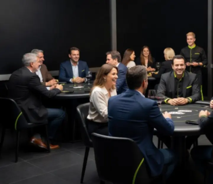 Goście podczas pokerowego wieczoru w restauracji Novastrefario siedzą przy stołach i rozmawiają w nastrojowym świetle