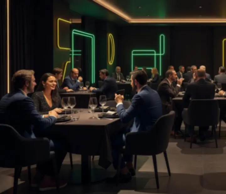 Ciemna, elegancka sala restauracyjna Novastrefario przygotowana na wieczorne wydarzenie