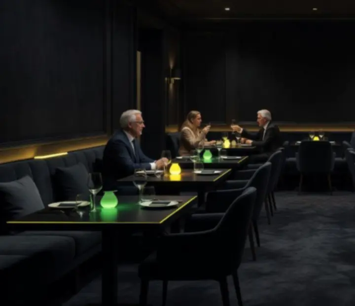 Ciemne, eleganckie wnętrze restauracji Novastrefario z miękkim, nastrojowym oświetleniem i wieczorną aranżacją stołów.