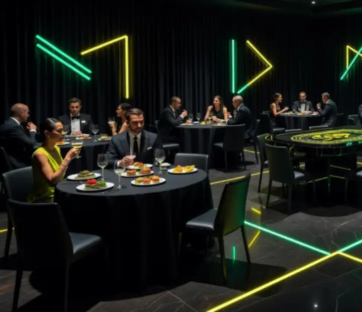 Ciemne, eleganckie wnętrze restauracji Novastrefario z neonowymi akcentami i stołami przygotowanymi pod ruletkową atrakcję