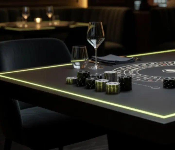 Profesjonalny stół ruletkowy w ciemnej aranżacji z neonowymi akcentami w restauracji Novastrefario